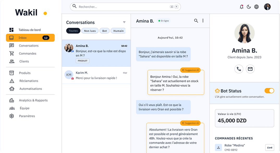 Wakil — inbox et commandes